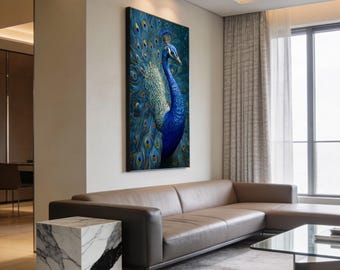 Majestic Blue Peacock Canvas, Elegant Bird Wall Art, Vibrant Feather Decor, Wildlife Canvas Print, Nature Home Decoration