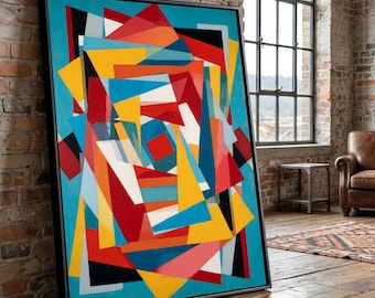 Tela astratta geometrica vibrante, arte murale moderna, pittura di forme colorate, arredamento contemporaneo per la casa, design audace su tela