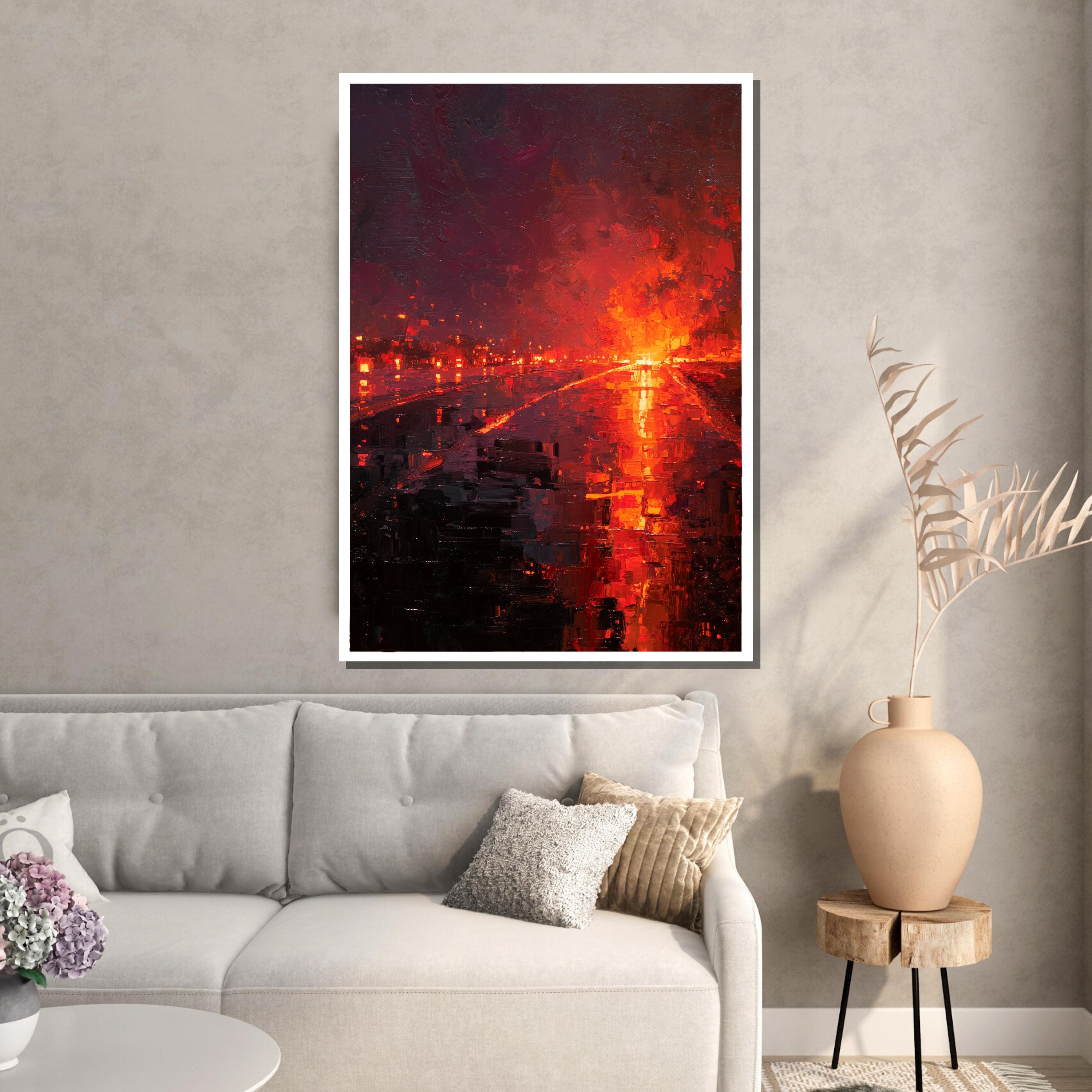 Fiery Sunset Highway Canvas, Abstract Cityscape Wall Art, Red and