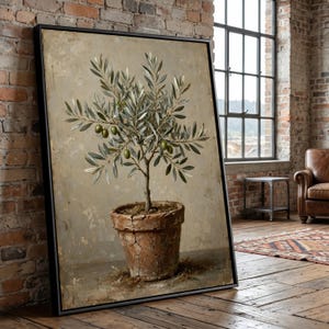 Toile rustique en pot de terre cuite représentant un olivier, art mural botanique, toile végétale vintage, décoration de branche d'olivier verte, élément décoratif nature pour la maison