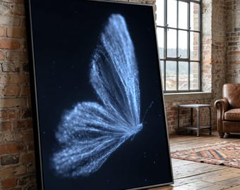 Ethereal Glowing Butterfly Canvas, Digital Light Art, Abstract Blue Wing Wall Decor, Modern Nature Canvas, Home Decoration Artwork