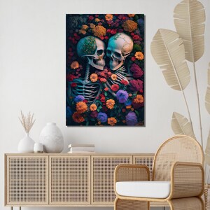 May include: Two skeletons embrace amidst a vibrant floral arrangement. The skeletons are depicted with intricate details, including visible ribs and a skull with a floral design. The flowers are a mix of red, pink, purple, orange, and yellow, creating a striking contrast against the dark background.