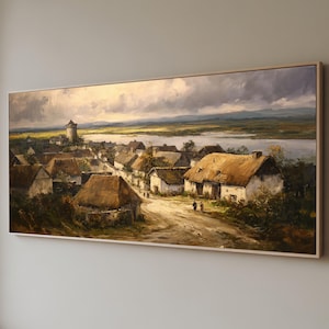 Canvastavla med rustik bymotiv, väggkonst med landsbygdslandskap, hus med halmtak, målning med utsikt över floden, vintage lantlig inredning, klassisk canvas