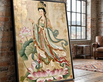 Elegant Asian Goddess Canvas Wall Art, Lotus Flower Painting, Traditional Oriental Art, Spiritual Home Decoration, Vintage Style Canvas
