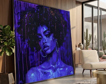 Enigmatic Portrait of Woman, Blue and Purple Canvas, Abstract Female Face Wall Art, Modern Expressionist Canvas, Home Decor Painting