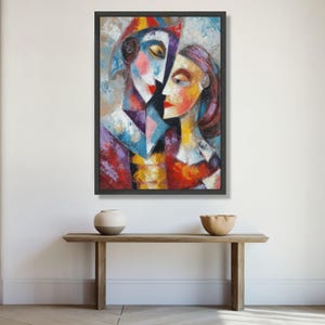 Abstract Lovers Embrace Canvas, Modern Cubism Wall Art, Colorful Faces Painting, Romantic Home Decoration, Contemporary Canvas Art image 3