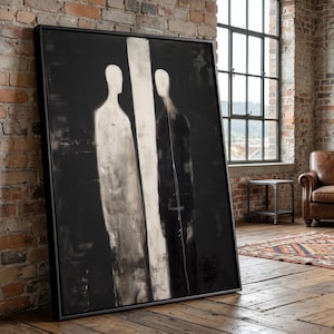 Abstrakte Doppelfiguren Leinwand Wandkunst, monochrome minimalistische Malerei, moderne menschliche Silhouetten, schwarzweiße Wohnkultur, Expressionist