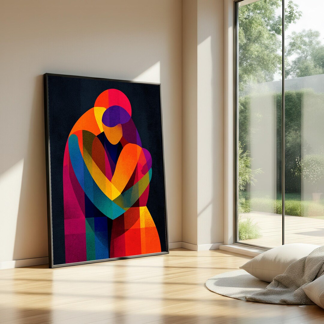 Abstract Embrace Canvas Wall Art, Colorful Loving Couple Painting ...