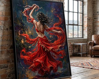Enchanting Red Dancer Canvas, Bohemian Woman Dance Wall Art, Flowing Dress Home Decor, Ethereal Movement Canvas, Vibrant Colorful Artwork
