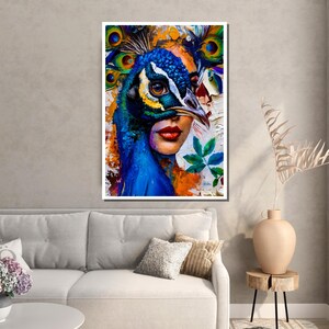 May include: A colorful abstract painting of a woman with a peacock's head covering her face. The peacock's feathers are spread out behind her head. The background is a mix of orange, yellow, and blue.