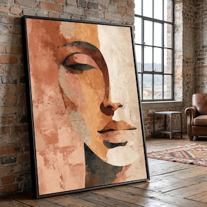 Abstract Woman Face Canvas, Modern Portrait Wall Art, Earth Tone Decorative Canvas, Feminine Art, Contemporary Home Decor
