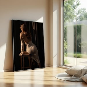 Elegant Woman Sitting on Wooden Stool Canvas, Backless Dress Art, Soft Lighting Portrait, Moody Home Decor, Feminine Wall Art