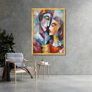 Abstract Lovers Embrace Canvas, Modern Cubism Wall Art, Colorful Faces Painting, Romantic Home Decoration, Contemporary Canvas Art image 2