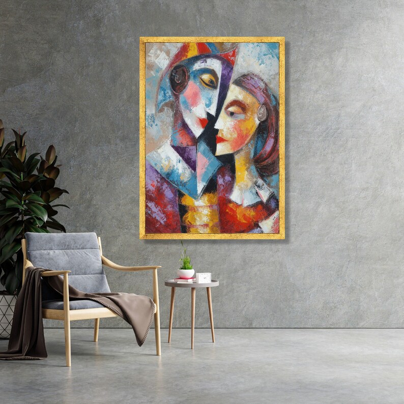 Abstract Lovers Embrace Canvas, Modern Cubism Wall Art, Colorful Faces Painting, Romantic Home Decoration, Contemporary Canvas Art image 2