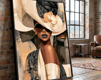 Elegant Woman Wide Brim Hat Canvas, Chic Fashion Portrait Wall Art, Modern Glamour Decor, Brown and Beige Tones Canvas