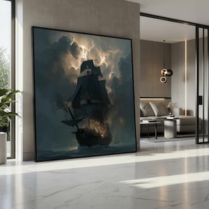May include: Large framed artwork depicting a tall ship sailing through a stormy sea. The artwork features a dark color palette with a dramatic sky illuminated by lightning. The ship's sails are black, and the sea is a dark blue.