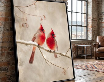 Levendige rode kardinalen op canvas besneeuwde tak, kunst aan de muur wintervogel, decoratie natuurscène, canvasafdruk in het wild, gezellig huisdecor