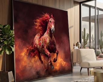 Fiery Red Horse Canvas, Decorative Horse Wall Art, Fantasy Animal Artwork, Vibrant Stallion Canvas, Bold Home Decoration