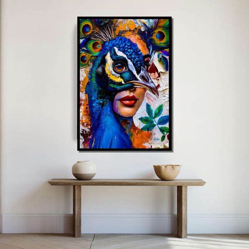 May include: A colorful abstract painting of a woman's face with a peacock's head covering her eyes. The peacock's feathers are spread out behind her head. The background is a mix of orange, yellow, and blue.