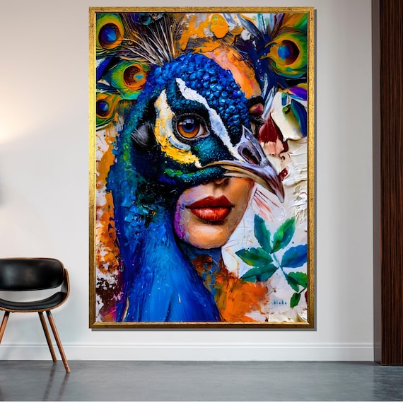 Peacock Beauty Fusion, Vibrant Animal Art, Colorful Portrait Canvas, Modern Wildlife Wall Art, Ready To Hang