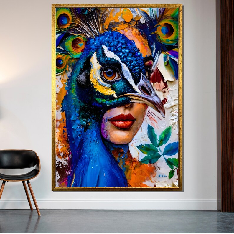 May include: A colorful painting of a woman's face with a peacock's head covering her eyes. The peacock's feathers are spread out behind her head. The painting is done in a vibrant style with bold colors and brushstrokes.