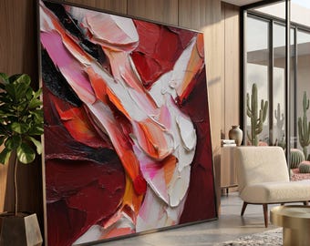 Bold Red and White Abstract Canvas, Palette Knife Art, Modern Wall Decor, Thick Paint Stroke Canvas, Contemporary Home Decoration