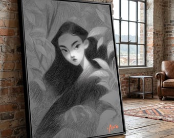 Mysterious Woman Portrait Canvas, Monochrome Art Print, Charcoal Style Wall Art, Modern Home Decor, Feminine Expression Canvas