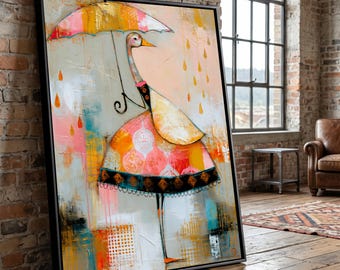 Whimsical Duck with Umbrella Canvas, Playful Animal Wall Art, Colorful Decorative Canvas, Modern Home Art, Ready to Hang