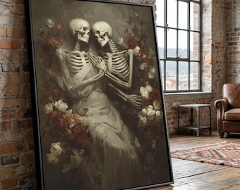 Eternal Love Skeleton Couple, Gothic Romance Canvas, Dark Floral Wall Art, Halloween Decor, Vintage Skeleton Painting, Ready to Hang Canvas