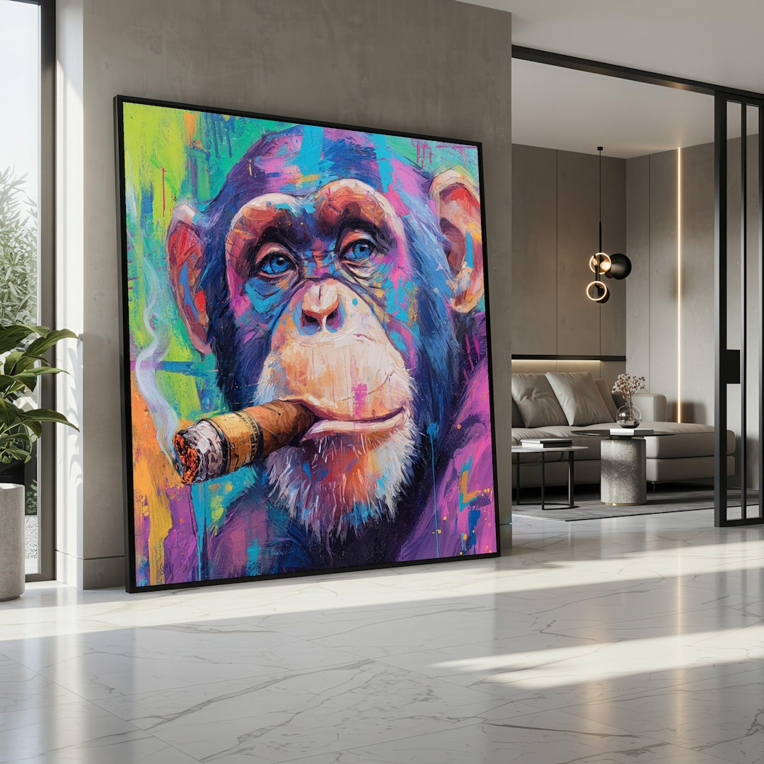 Colorful Chimpanzee With Cigar Canvas, Pop Art Animal Portrait, Funky ...
