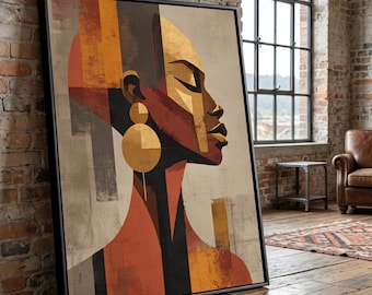 Abstract African Woman Profile Canvas, Geometric Modern Art, Ethnic Wall Decor, Contemporary Portrait Canvas, Bold Color Home Decoration