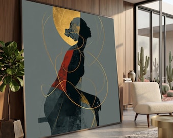 Lienzo abstracto de silueta femenina, arte moderno de perfil femenino, decoración de pared con halo dorado, lienzo contemporáneo elegante, decoración femenina para el hogar.
