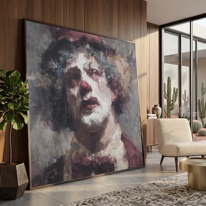 Melancholic Clown Portrait Canvas, Abstract Expressionist Wall Art, Dramatic Face Painting, Emotional Canvas Decor, Vintage Style Home