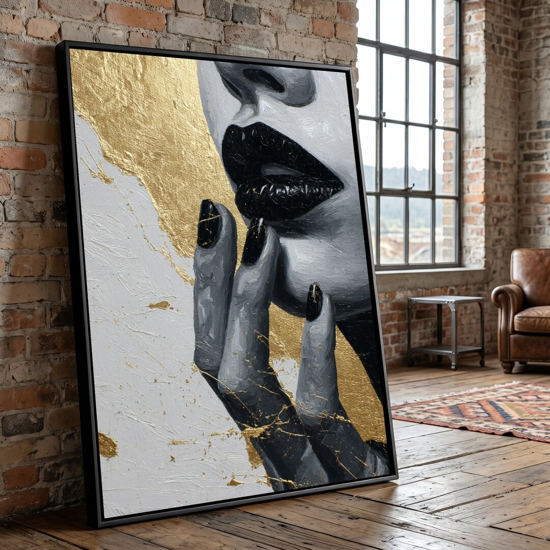 Modern Black and Gold Abstract Lips Canvas, Hand and Face Wall Art ...