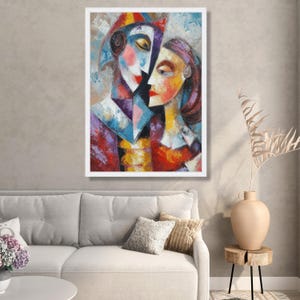 Abstract Lovers Embrace Canvas, Modern Cubism Wall Art, Colorful Faces Painting, Romantic Home Decoration, Contemporary Canvas Art image 5