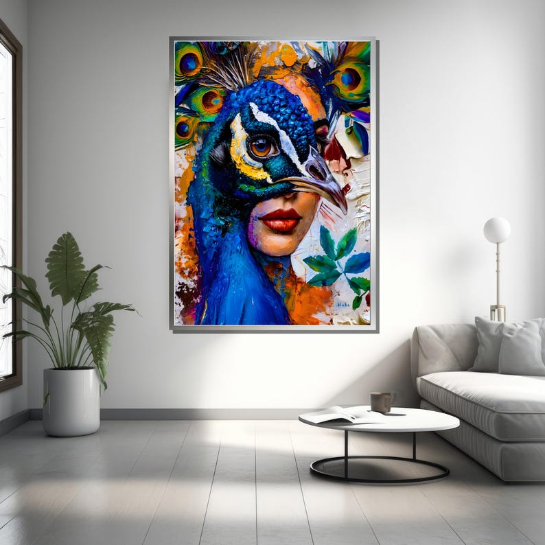 May include: A colorful abstract painting of a woman with a peacock's head and feathers. The woman's face is partially obscured by the peacock's beak. The painting is done in a vibrant style with bold colors and brushstrokes.