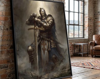 Medieval Knight Canvas Wall Art, Armored Warrior with Sword, Historical Battle Scene, Noble Crusader Decoration, Fantasy Armor Canvas