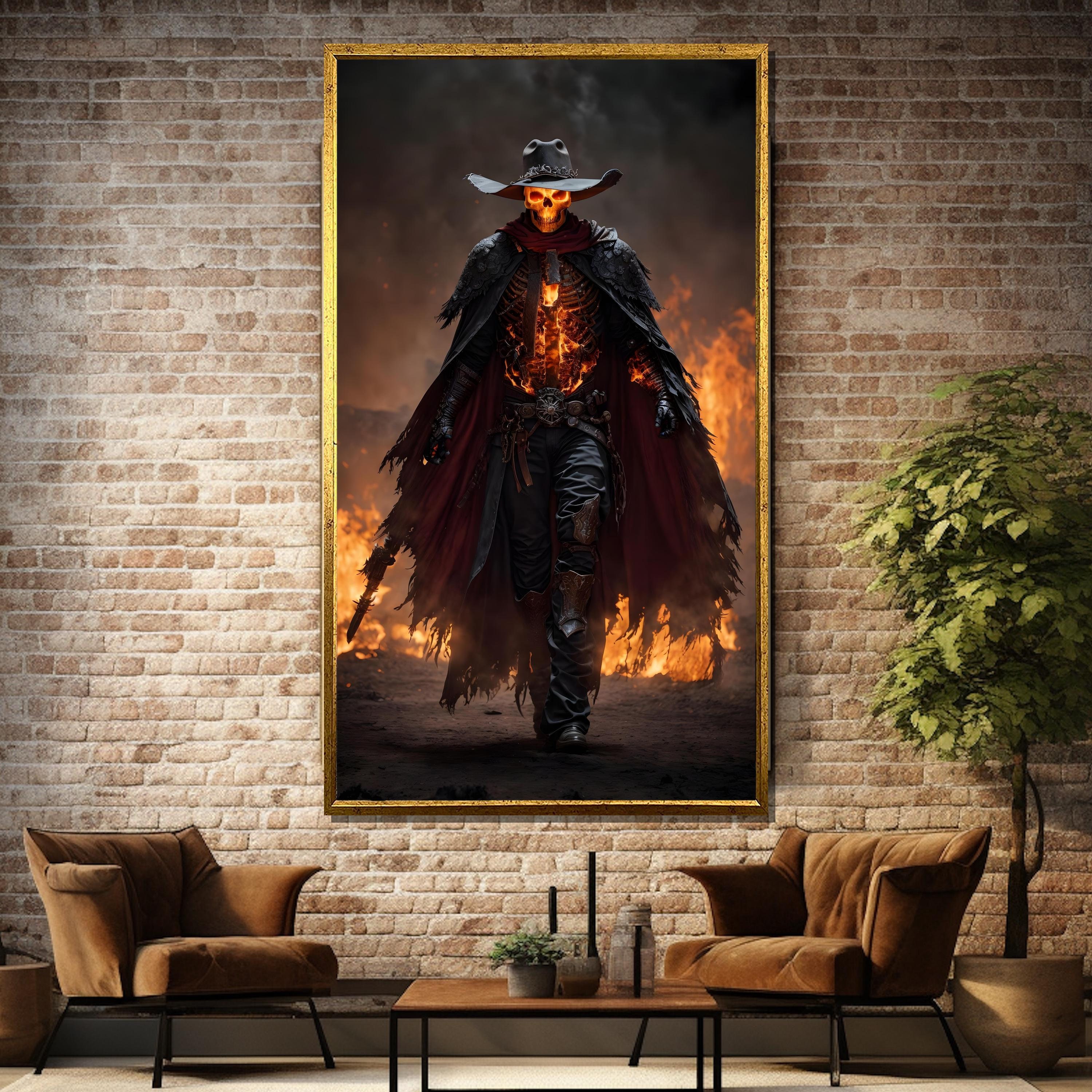 Infernal Gunslinger Canvas Art, Dark Cowboy Print, Fiery Skeleton
