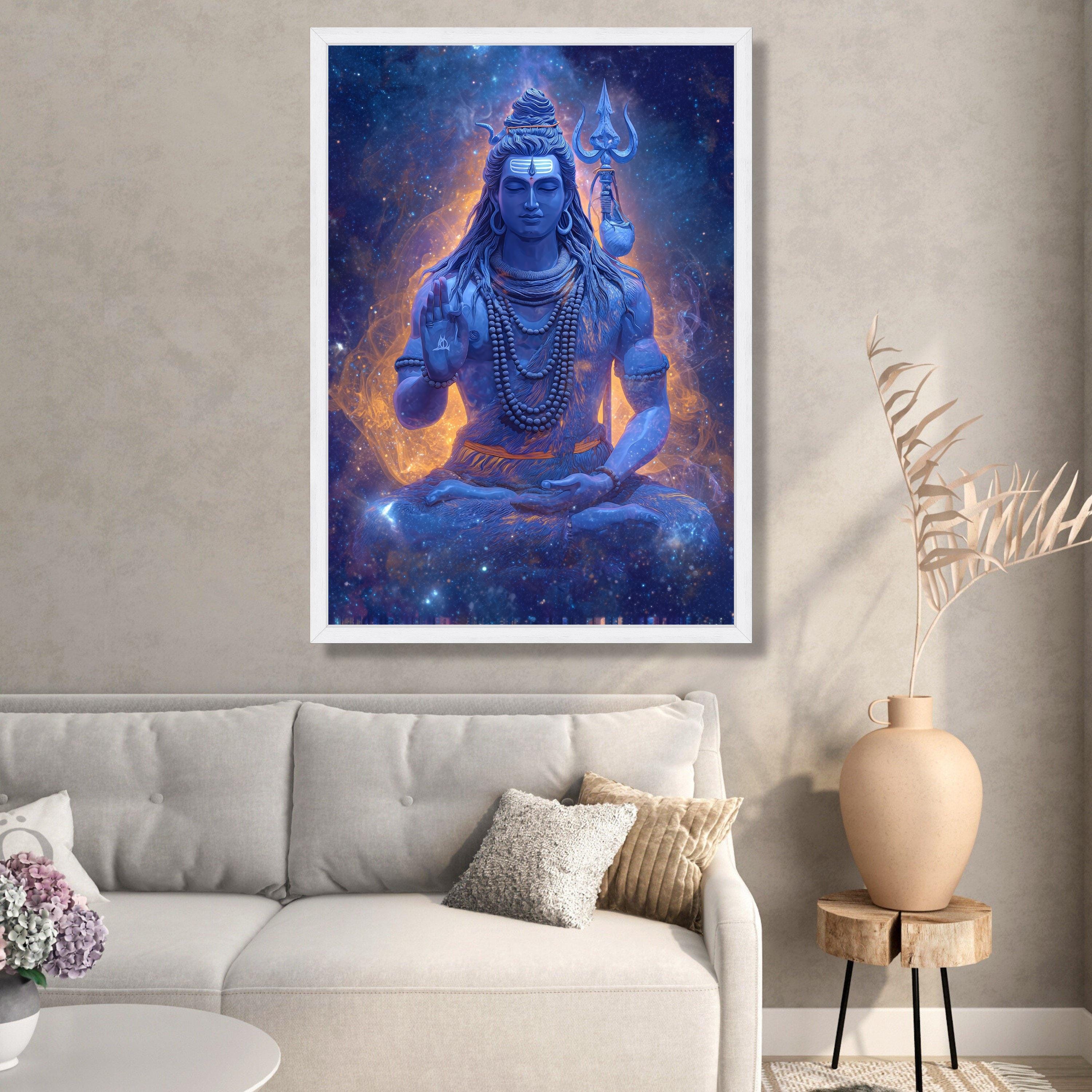 Meditative Lord Shiva Canvas Wall Art, Cosmic Hindu God Painting