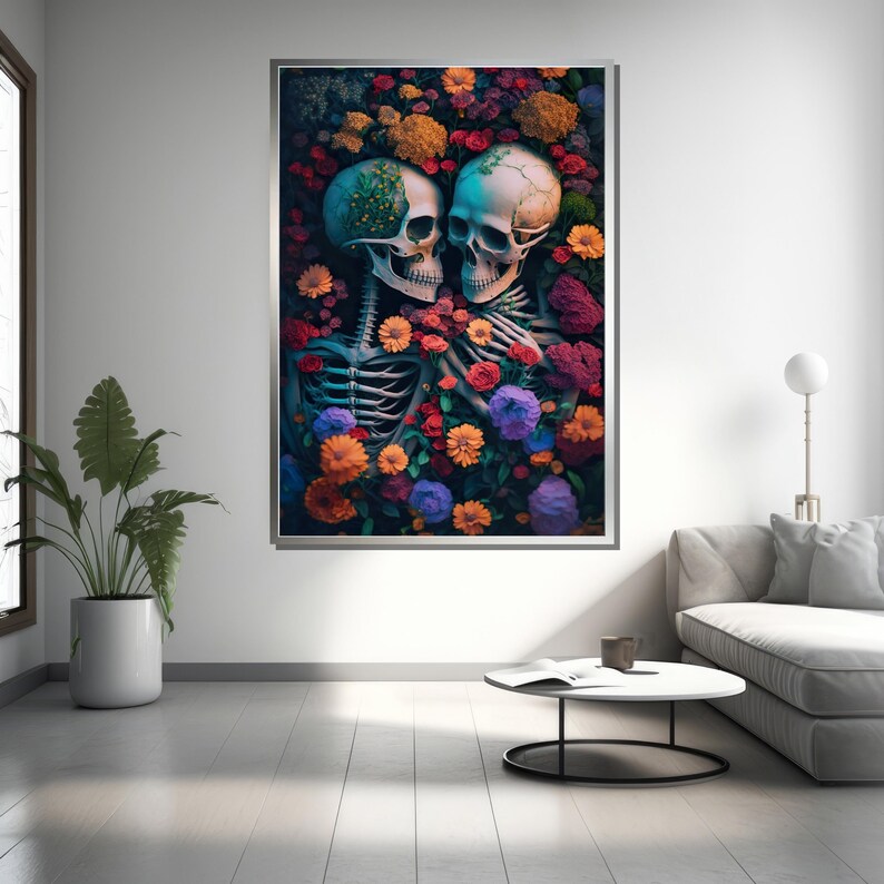 May include: Two skeletons embrace in a field of colorful flowers. The skeletons are wearing a crown of flowers and are surrounded by a variety of flowers, including red, orange, yellow, purple, and blue.
