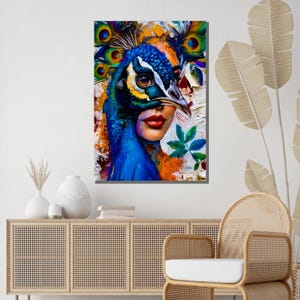 May include: A colorful abstract painting of a woman with a peacock's head covering her face. The peacock's feathers are spread out behind her head. The background is a mix of abstract shapes and colors.