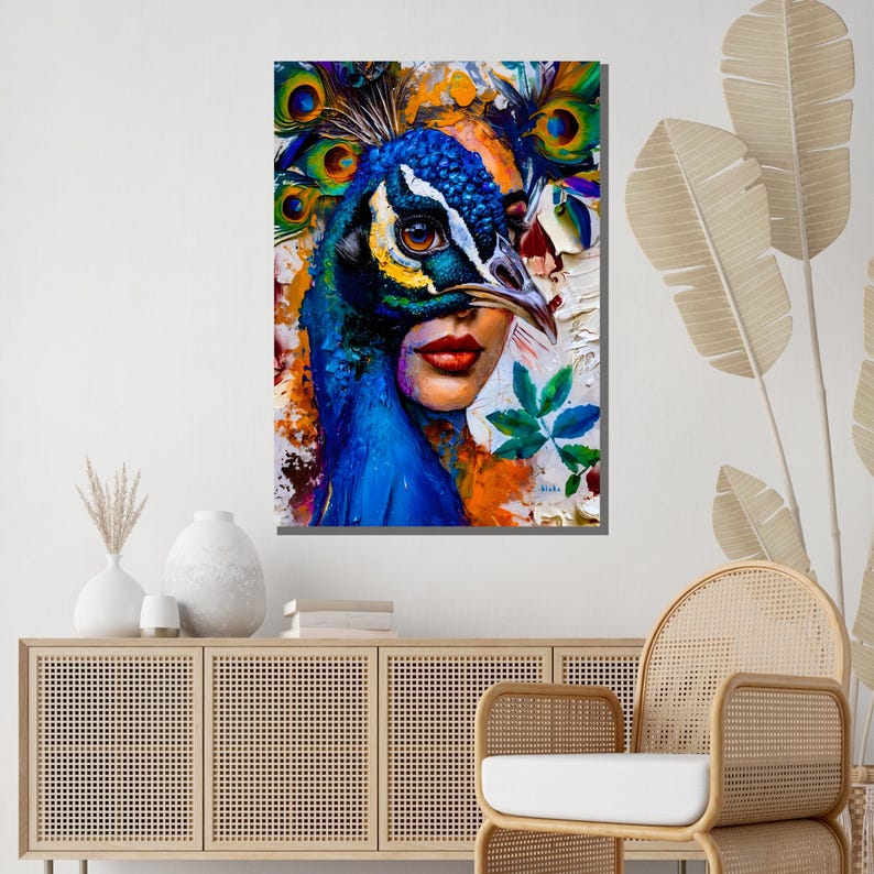 May include: A colorful abstract painting of a woman with a peacock's head covering her face. The peacock's feathers are spread out behind her head. The background is a mix of abstract shapes and colors.