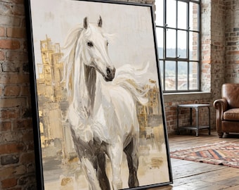 Lienzo decorativo de caballo blanco majestuoso, pintura abstracta equina, obra de arte en tonos neutros, decoración de caballos para sala de estar, listo para colgar.