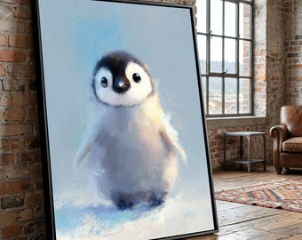 Adorable lienzo de pingüino bebé, ilustración de un lindo animal ártico, decoración infantil en tonos pastel, lienzo para habitación infantil, arte de vida silvestre invernal.