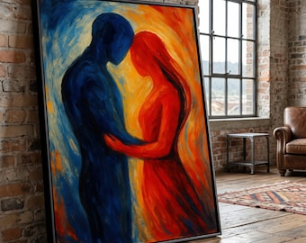 Abstract paar omarmen canvas, kunst aan de muur blauw en rood geliefden, expressionistisch romantisch schilderij, modern liefde canvas decor, emotionele kunstafdruk