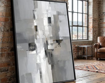 Modern Abstract Grey Canvas, Neutral Tones Wall Art, Geometric Painting, Contemporary Home Decor, Large Canvas Artwork
