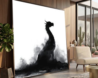 Lienzo con silueta de dragón oscuro, arte mural de criatura mística, decoración de fantasía negra, sombra de dragón abstracta, decoración gótica para el hogar.