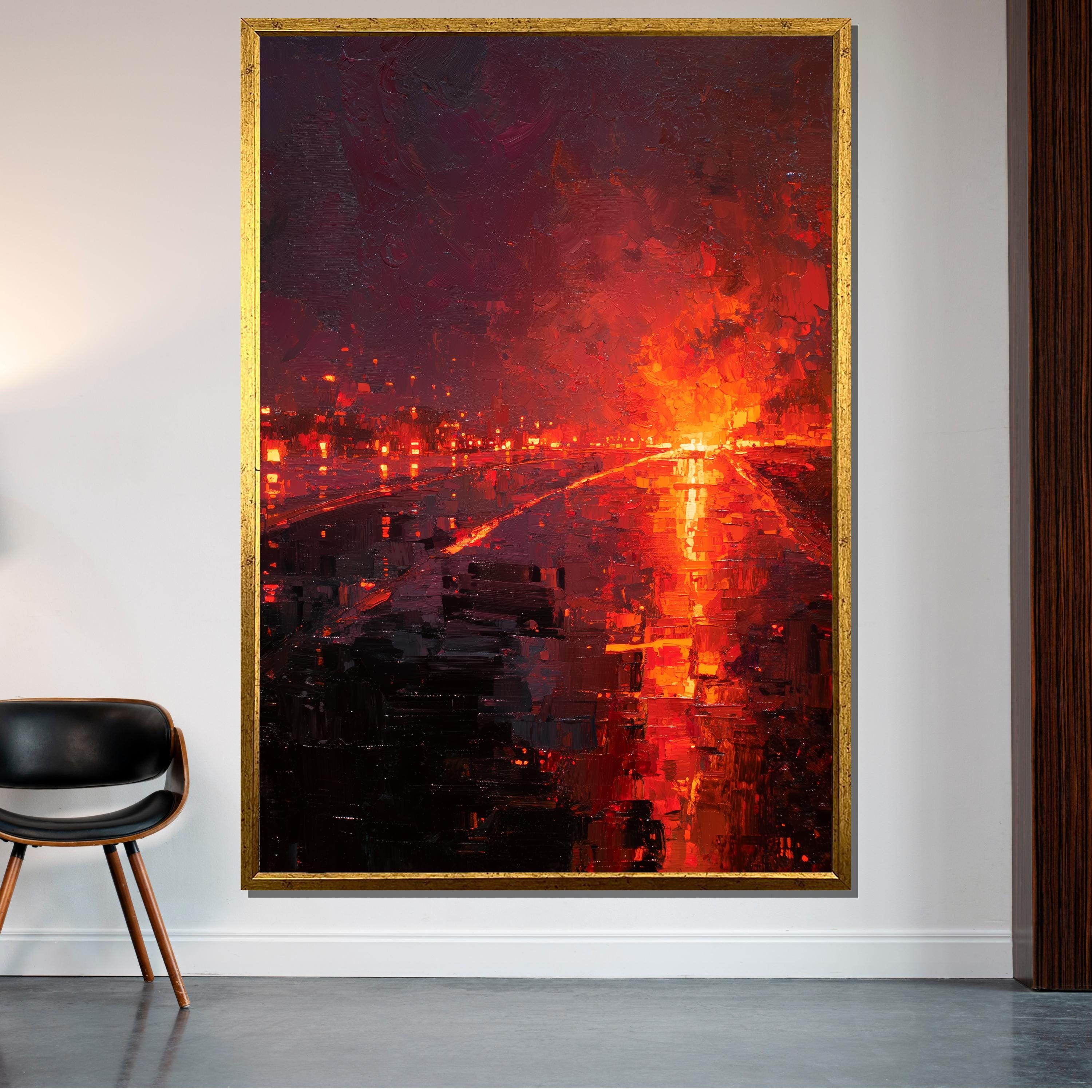 Fiery Sunset Highway Canvas, Abstract Cityscape Wall Art, Red and