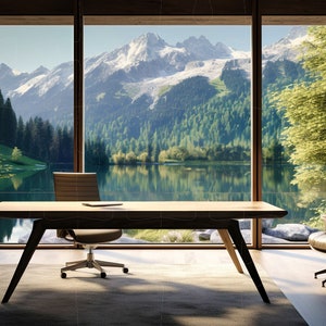 Virtual Home Office Background for presentations and work from home online zoom meetings surrounded by scenic lake and mountains