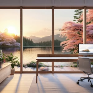 May include: A home office with a desk and chair in front of a large window overlooking a lake and mountains. The trees outside the window are in bloom with pink flowers.